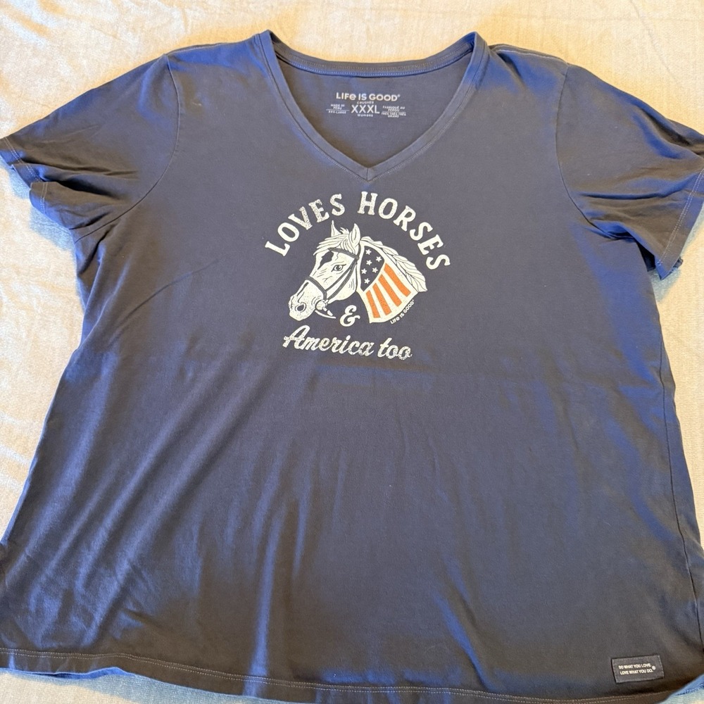Life Is Good Women's XXXL Loves Horses America Too V Neck Tee Blue USA